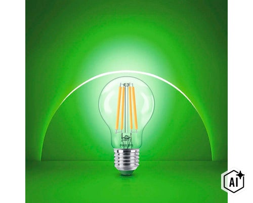 Philips LED filament gloeilamp met E27 fitting en heldere glazen lampvorm (Image AI modified or generated)