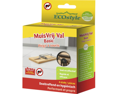 ECOstyle MuisVrij muizenval Basic van hout en metaal voor het bestrijden van muizen, verpakking van 4 stuks.