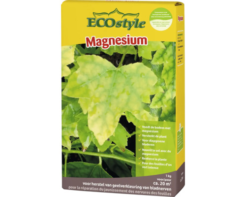 ECOstyle Magnesium meststof voor het herstel van gele bladeren bij planten, 1 kilogram verpakking geschikt voor biologische landbouw.
