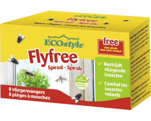ECOstyle Flyfree vliegenspiralen voor het bestrijden van vliegende insecten, 8 stuks per verpakking, gifvrije kleefvallen voor binnenshuis.