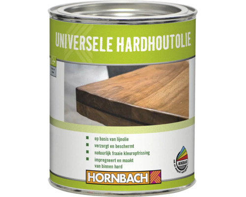 Blik met universele hardhoutolie voor het verzorgen en beschermen van houten oppervlakken.