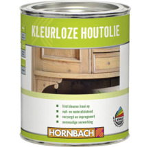 Blik met kleurloze houtolie voor het verzorgen en beschermen van houten oppervlakken, met Hornbach logo en mengbaar symbool op de voorzijde.