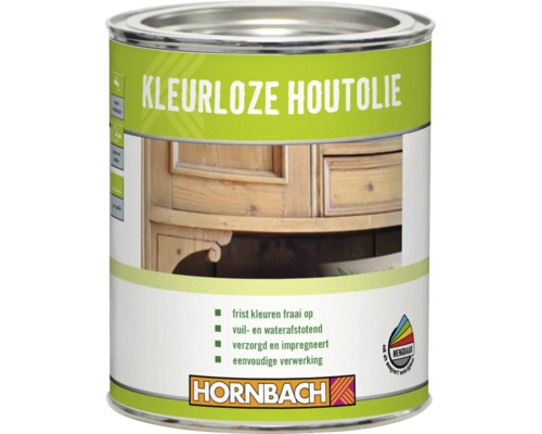 Blik met kleurloze houtolie voor het verzorgen en beschermen van houten oppervlakken, met Hornbach logo en mengbaar symbool op de voorzijde.