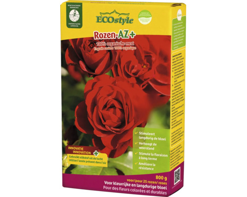 Verpakking ECOstyle Rozen-AZ Plus rozenmeststof, 800 gram voor 25 rozen, organisch voor krachtige groei en langdurige bloei.