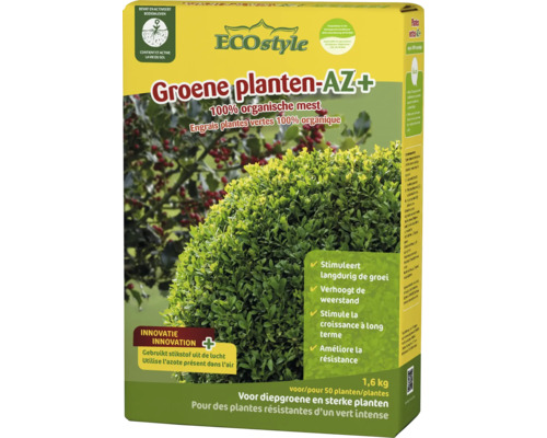 ECOstyle Groene planten-AZ+ 100 procent organische meststof voor groene planten, 1,6 kilogram verpakking, geschikt voor biologische landbouw.