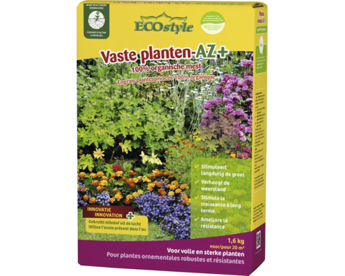 ECOstyle Vaste planten-AZ Plus biologische meststof voor tuinplanten, 1,6 kilogram verpakking voor 20 vierkante meter.