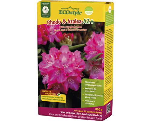 Verpakking ECOstyle Rhodo en Azalea AZ Plus meststof voor 25 planten met 800 gram inhoud voor bloei en weerstand.