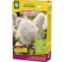 ECOstyle Hortensia-AZ plus organische meststof voor hortensia, 800 gram verpakking, stimuleert langdurige bloei en weerstand van de planten.