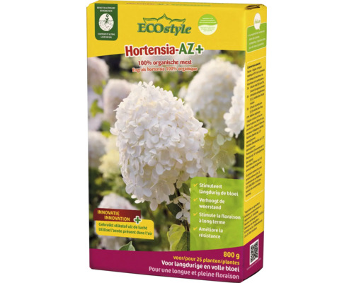 ECOstyle Hortensia-AZ plus organische meststof voor hortensia, 800 gram verpakking, stimuleert langdurige bloei en weerstand van de planten.