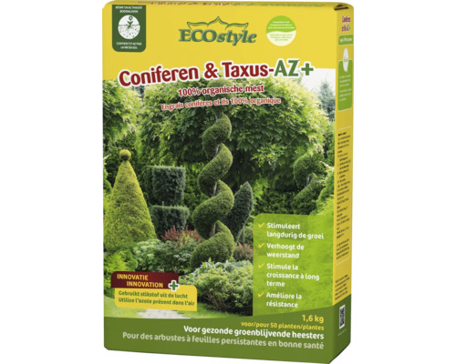 ECOstyle Coniferen en Taxus AZ Plus organische meststof voor coniferen en taxussen in een verpakking van 1,6 kilogram.