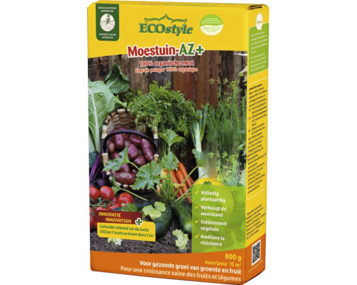 Verpakking van ECOstyle Moestuin-AZ+ biologische groentemeststof, 800 gram voor 15 vierkante meter.