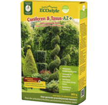 Verpakking ECOstyle Coniferen en Taxus AZ Plus organische meststof voor coniferen en taxussen 800 gram voor 25 planten.