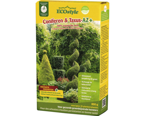 Verpakking ECOstyle Coniferen en Taxus AZ Plus organische meststof voor coniferen en taxussen 800 gram voor 25 planten.