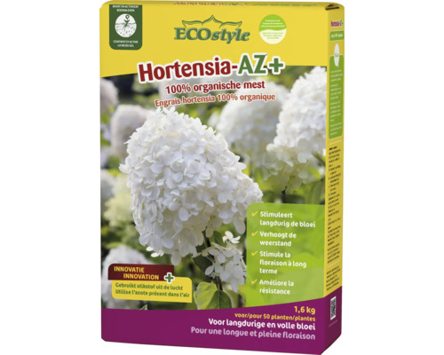 ECOstyle Hortensia-AZ+ organische hortensiameststof, 1,6 kilogram voor 50 planten voor een langdurige en volle bloei.