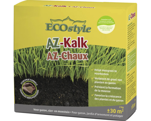 ECOstyle AZ Kalk voor gazon en tuin ter verbetering van de bodem en voorkoming van mosvorming in verpakking van 2 kilogram.