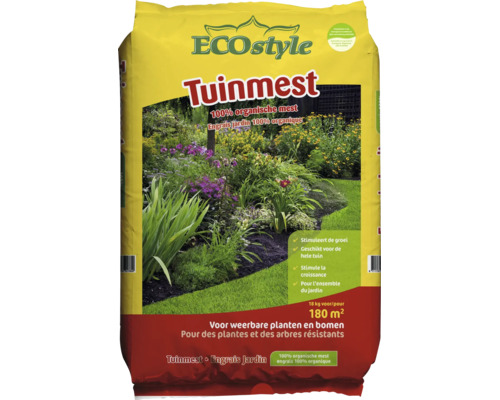 ECOstyle Tuinmest 100 procent organische mest voor weerbare planten en bomen in de tuin in een verpakking van 18 kilogram voor 180 vierkante meter.