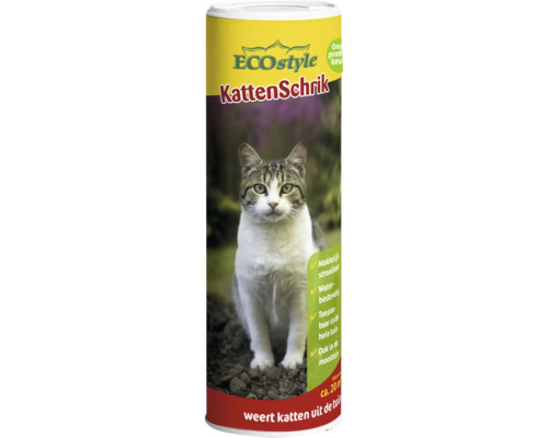 ECOstyle KattenSchrik kattenverjager strooikorrels in een strooibus om katten uit de tuin te weren.
