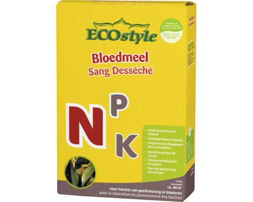 ECOstyle Bloedmeel meststof 1,6 kilogram voor planten, stikstofmeststof voor herstel van gele bladeren en een diepgroene kleur.