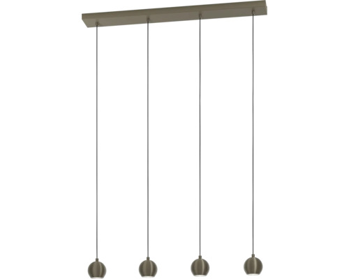 Moderne hanglamp met vier lichtpunten, lange plafondbalk en ronde lampkoppen voor binnenverlichting