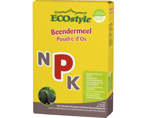 ECOstyle Beendermeel meststof voor wortelontwikkeling en bloei, 1,6 kilogram verpakking geschikt voor biologische landbouw.