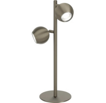 Tafellamp met twee lampen en twee draaibare bolvormige spots op een ronde voet.