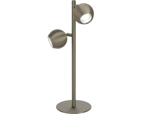 Tafellamp met twee lampen en twee draaibare bolvormige spots op een ronde voet.