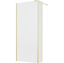 Walk-in douchewand van geribbeld glas met profielen in goudoptiek en stabilisatiestang