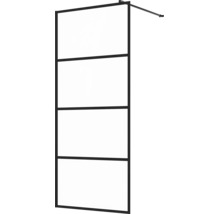 Inloopdouchewand met zwart frame en vier glaspanelen inclusief stabilisatiestang voor inloopdouches.