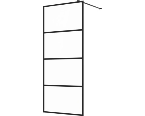 Inloopdouchewand met zwart frame en vier glaspanelen inclusief stabilisatiestang voor inloopdouches.