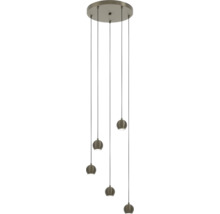 Moderne hanglamp met vijf ronde lichtkoppen aan kabels en een ronde plafondbevestiging