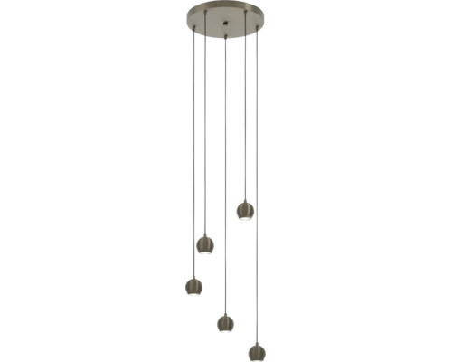 Moderne hanglamp met vijf ronde lichtkoppen aan kabels en een ronde plafondbevestiging