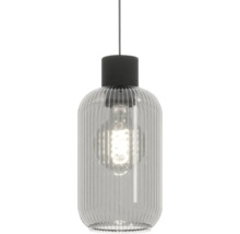 Moderne hanglamp met geribbelde glazen kap en cilindrische fitting
