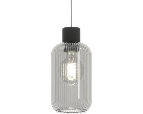 Moderne hanglamp met geribbelde glazen kap en cilindrische fitting