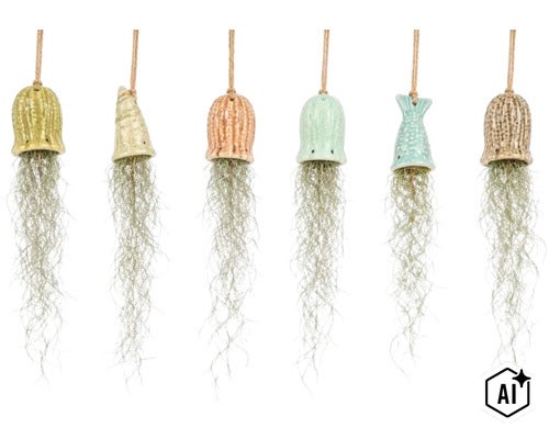Zes hangende keramische plantenpotten in diverse vormen met Tillandsia aan jute koorden (Image AI modified or generated)