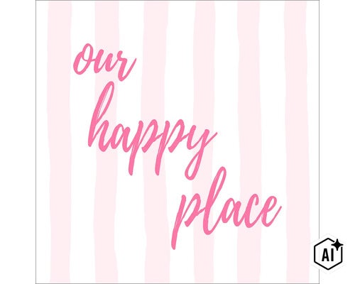 Wanddecoratie met de tekst Our happy place en verticaal strepenpatroon (Image AI modified or generated)