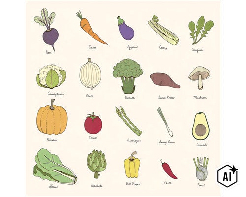 Geïllustreerde poster met een verscheidenheid aan groenten zoals bieten, wortel, broccoli en pompoen, inclusief hun Engelse namen. (Image AI modified or generated)