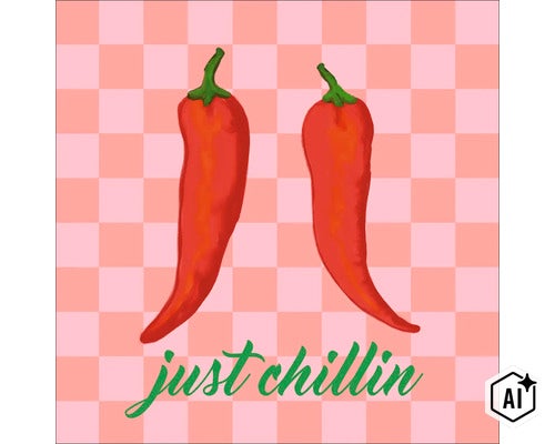 Wanddecoratie met twee chilipepers en de tekst just chillin op een geblokte achtergrond (Image AI modified or generated)