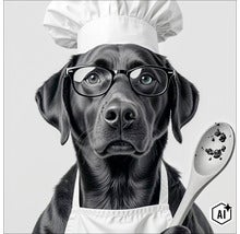 Hond met koksmuts, bril en schort houdt een houten lepel vast (Image AI modified or generated)