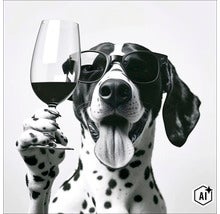 Een dalmatiër met een zonnebril houdt een glas rode wijn vast in zijn poot. (Image AI modified or generated)