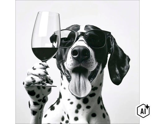 Een dalmatiër met een zonnebril houdt een glas rode wijn vast in zijn poot. (Image AI modified or generated)