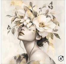 Wanddecoratie met een vrouw, versierd met bloemen, vlinders en gouden accenten. (Image AI modified or generated)