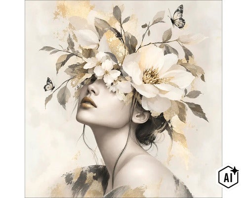 Wanddecoratie met een vrouw, versierd met bloemen, vlinders en gouden accenten. (Image AI modified or generated)