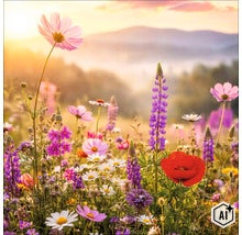 Kleurrijke veldbloemenweide met lupinen en klaprozen voor een bergachtig landschap in het warme licht van de zonsondergang. (Image AI modified or generated)