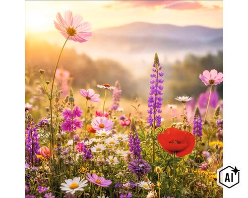 Kleurrijke veldbloemenweide met lupinen en klaprozen voor een bergachtig landschap in het warme licht van de zonsondergang. (Image AI modified or generated)
