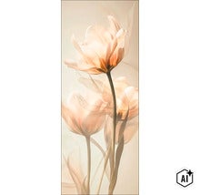 Wanddecoratie met een artistieke weergave van tulpen in een zachte, transparante stijl. (Image AI modified or generated)