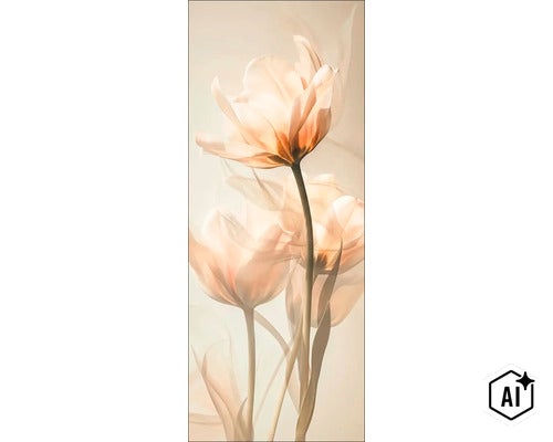 Wanddecoratie met een artistieke weergave van tulpen in een zachte, transparante stijl. (Image AI modified or generated)