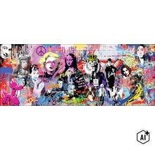 Wanddecoratie in graffitistijl met diverse portretten en motieven zoals aap, leeuw, ballonhond en historische figuren als popart kunstdruk (Image AI modified or generated)