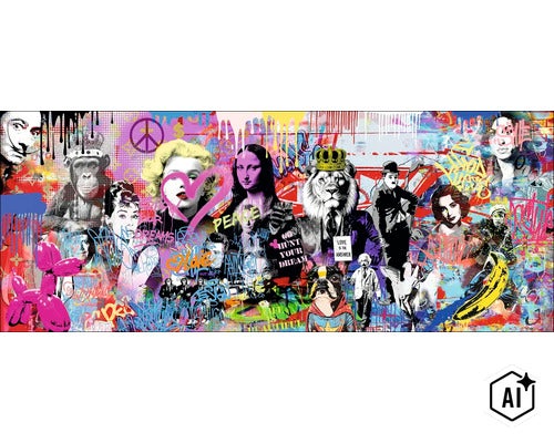 Wanddecoratie in graffitistijl met diverse portretten en motieven zoals aap, leeuw, ballonhond en historische figuren als popart kunstdruk (Image AI modified or generated)
