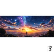 Wanddecoratie met een afbeelding van een persoon op een berg voor een nachtelijke sterrenhemel met wolken boven een verlicht stadslandschap. (Image AI modified or generated)