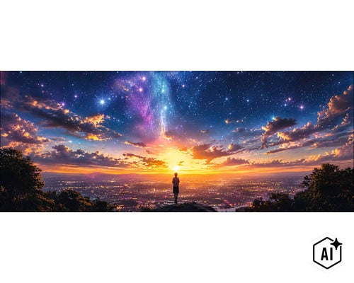 Wanddecoratie met een afbeelding van een persoon op een berg voor een nachtelijke sterrenhemel met wolken boven een verlicht stadslandschap. (Image AI modified or generated)